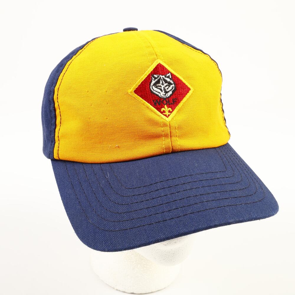 Vintage BSA Boy Cub Scouts Wolf Badge Patch Snapback Packable Hat Blue Yellow